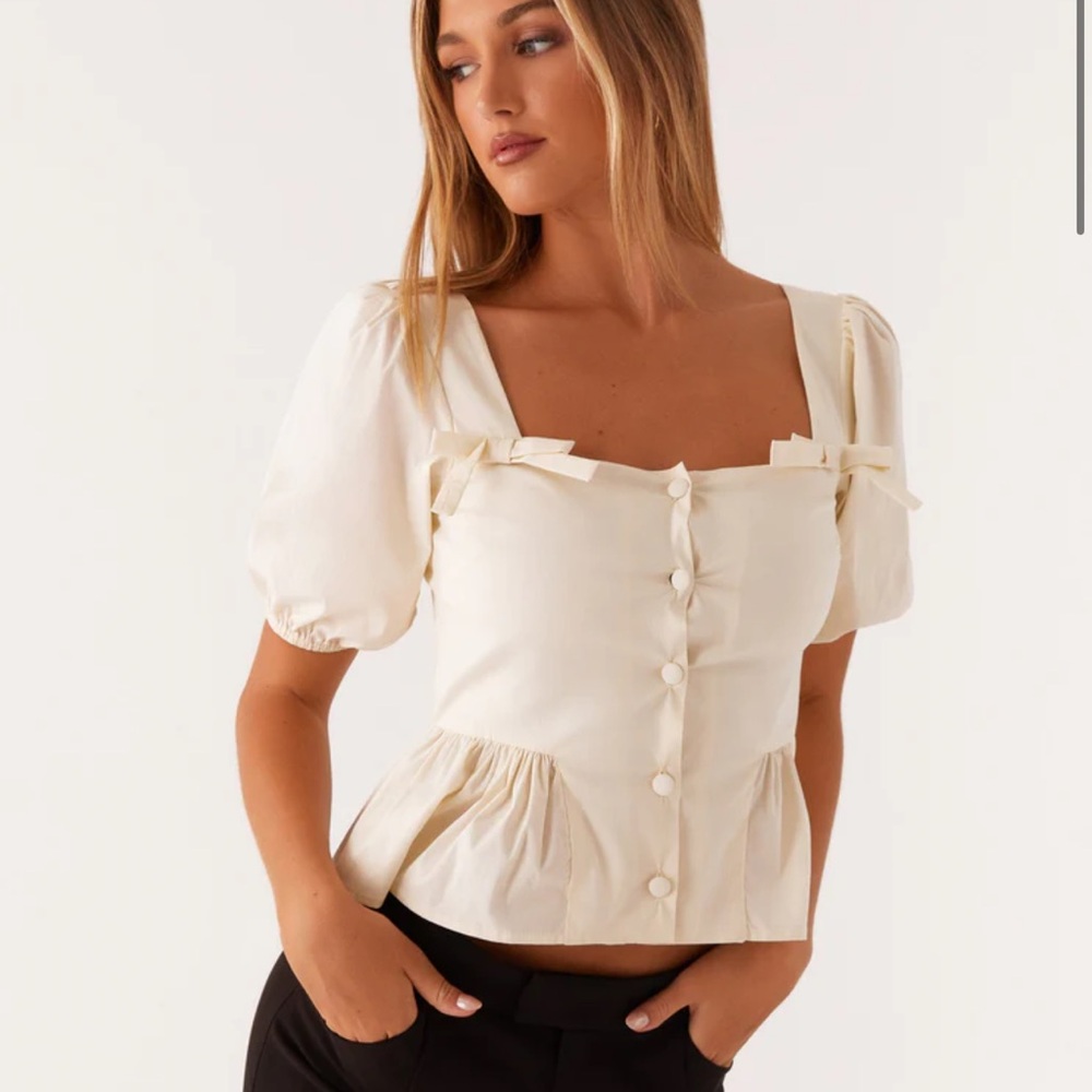 Peppermayo White Dawson Puff Sleeve Peplum Cotton Blouse